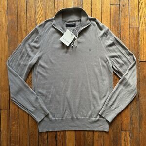 NWT Allsaints Kilburn 1/4 Zip Funnel Sweater Chestnut Brown Gray Men Large Skull